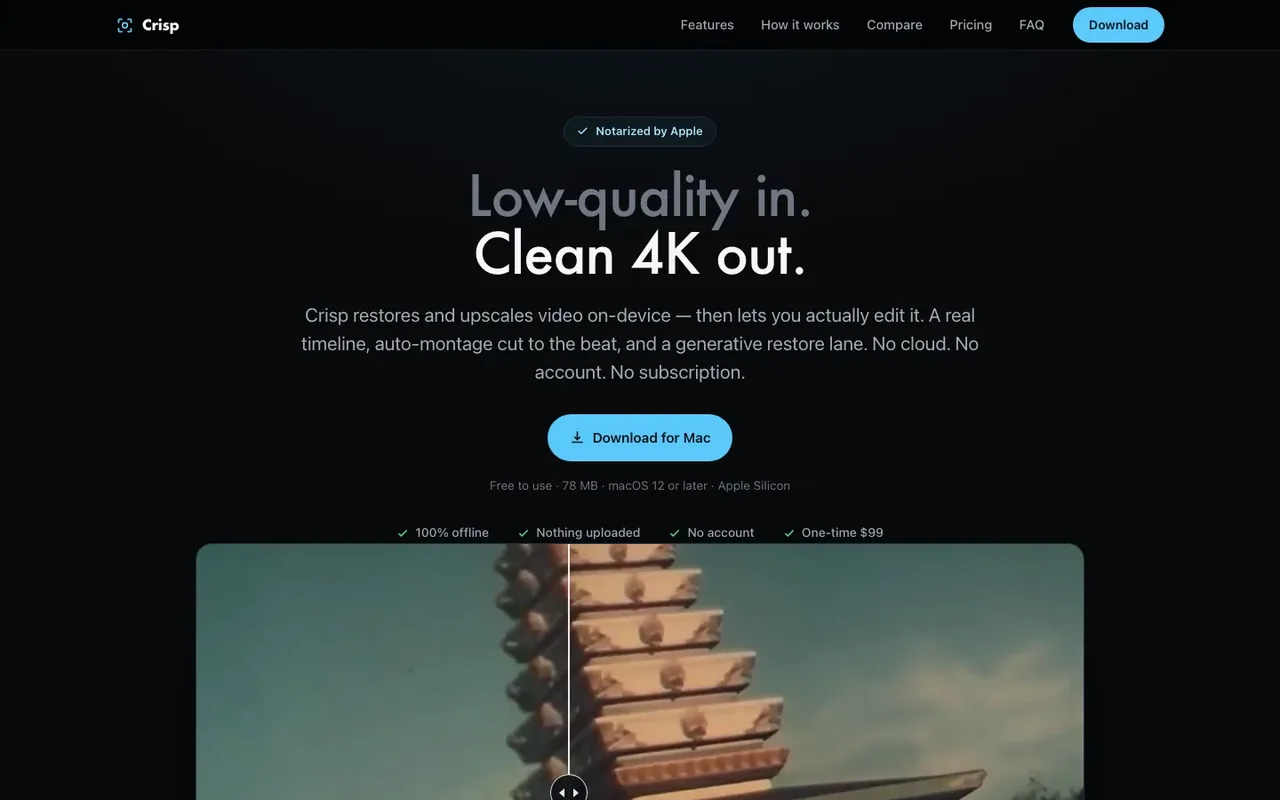 The Crisp product page as published: an offline AI video upscaler and editor for Mac.