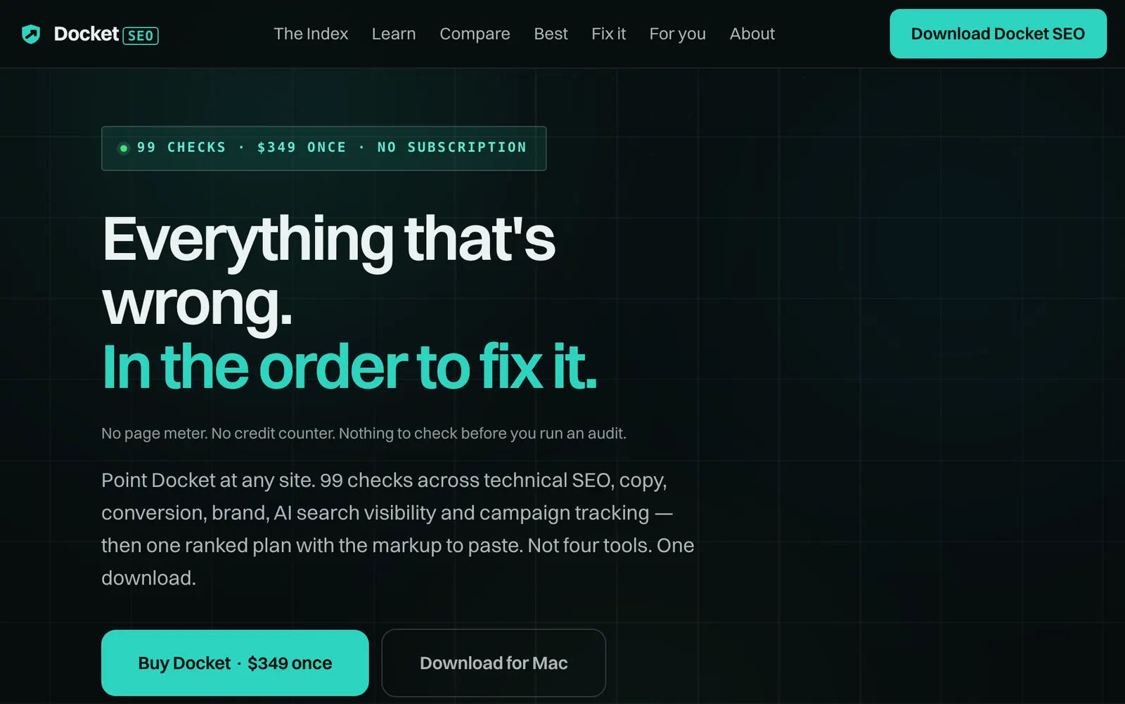 The docketseo.app homepage as it ships, headed “Everything that’s wrong. In the order to fix it.”