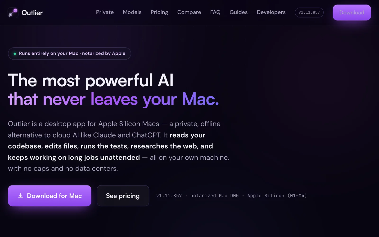The outlier.host homepage as it ships, headed “The most powerful AI that never leaves your Mac.”